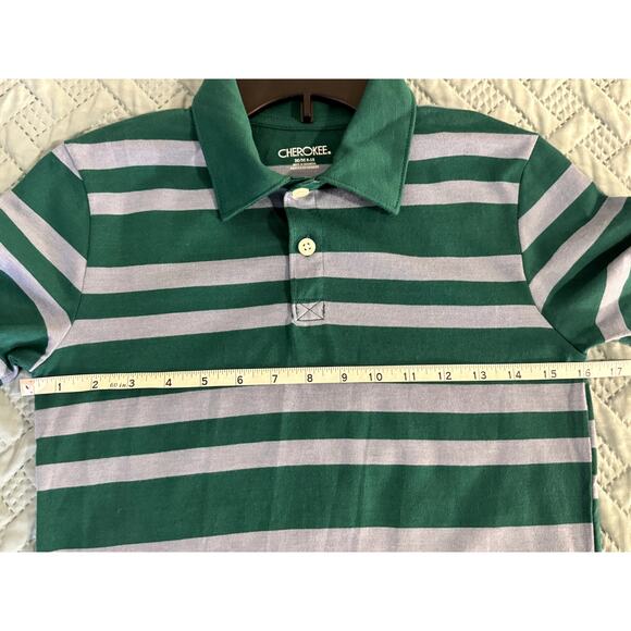 CHEROKEE YOUTH GREEN AND GRAY STRIPES SHORT SLEEVE POLO SHIRT SIZE MEDIUM 8-10 - Picture 6 of 7